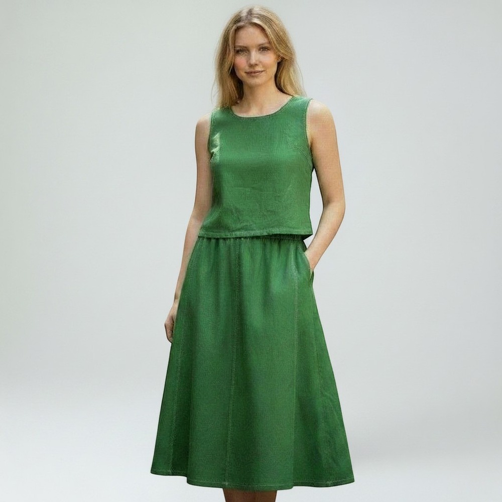Devine Denim NY Skirt Set Women XL Green Excellent Contrast Stitch 2pc Co-ord